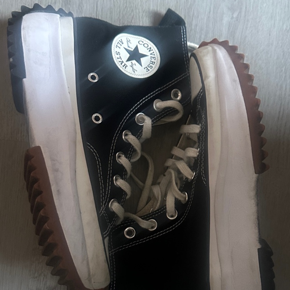 Converse Black and White High-Tops with Brown Sole